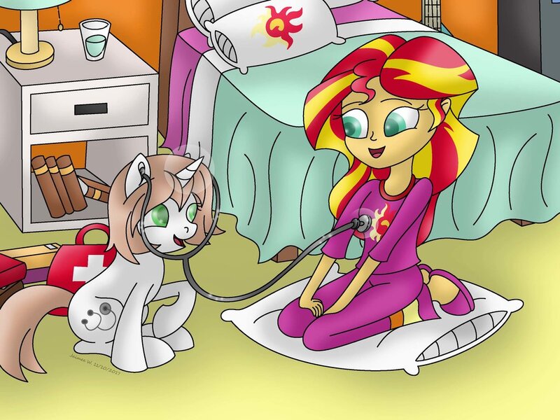 Size: 1024x768 | Tagged: safe, artist:lavenderrain24, derpibooru import, sunset shimmer, oc, oc:healing touch, pony, equestria girls, bed, bedroom, clothes, commission, indoors, kneeling, levitation, listening, magic, open mouth, pajamas, slippers, stethoscope, telekinesis