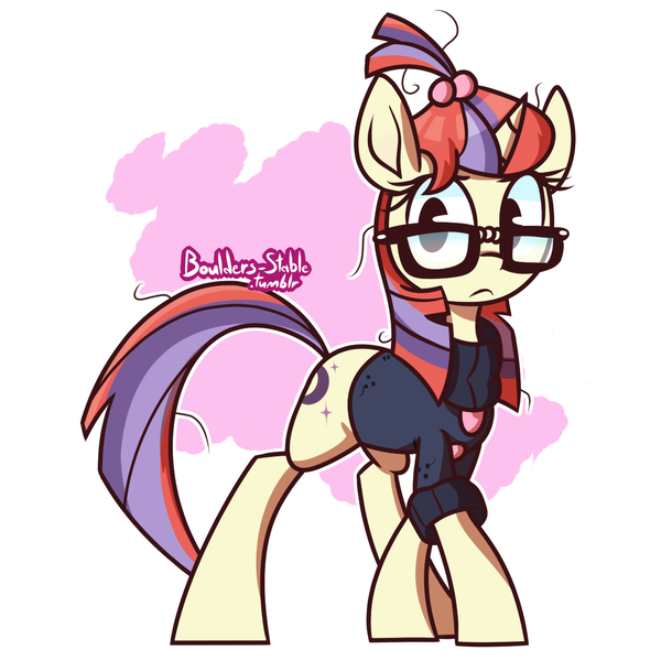 Size: 1280x1280 | Tagged: safe, artist:lilboulder, derpibooru import, moondancer, pony, unicorn, abstract background, clothes, cute, dancerbetes, female, glasses, looking at you, mare, solo, sweater
