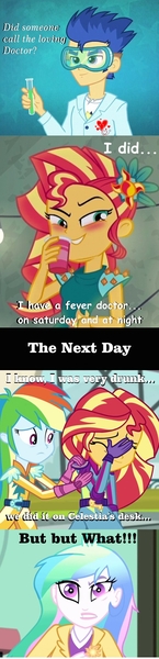 Size: 397x1643 | Tagged: safe, derpibooru import, edit, edited screencap, screencap, flash sentry, princess celestia, rainbow dash, sunset shimmer, eqg summertime shorts, equestria girls, friendship games, legend of everfree, subs rock, clothes, doctor, drunk, drunker shimmer, female, flashimmer, male, parody, principal celestia, shipping, straight