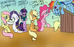 Size: 1024x655 | Tagged: applejack, artist:yourfavoritelove, book, covering crotch, crying, derpibooru import, derpy hooves, desperation, fluttershy, mane six, marshmelodrama, missing cutie mark, need to pee, omorashi, outhouse, pinkie pie, potty dance, potty emergency, potty time, rainbow dash, rarity, safe, sweat, trotting in place, twilight sparkle