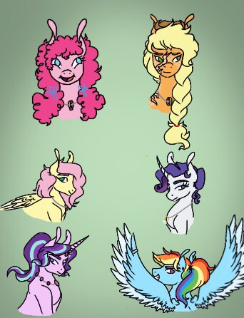 Size: 342x446 | Tagged: safe, artist:solarist97, derpibooru import, applejack, fluttershy, pinkie pie, rainbow dash, rarity, starlight glimmer, earth pony, pegasus, pony, unicorn, alternate hairstyle, braid, older, scar, spread wings, wings