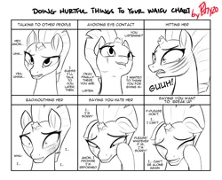 Size: 4000x3250 | Tagged: semi-grimdark, artist:pshyzomancer, derpibooru import, fizzlepop berrytwist, tempest shadow, oc, oc:anon, human, pony, unicorn, my little pony: the movie, abuse, black and white, broken horn, crying, doing hurtful things, eye scar, eyes closed, female, grayscale, implied anon, lineart, mare, monochrome, sad, scar, tempestbuse