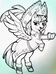 Size: 1024x1352 | Tagged: safe, artist:0bite0, derpibooru import, twilight sparkle, twilight sparkle (alicorn), alicorn, pony, my little pony: the movie, captain twilight, clothes, hat, monochrome, pirate twilight, rearing, solo, traditional art