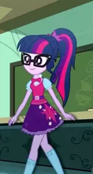 Size: 385x720 | Tagged: safe, derpibooru import, screencap, sci-twi, twilight sparkle, eqg summertime shorts, equestria girls, subs rock, clothes, cropped, cute, female, glasses, ponytail, skirt, smiling, socks, solo, twiabetes