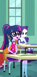 Size: 347x720 | Tagged: safe, derpibooru import, screencap, rarity, sci-twi, twilight sparkle, eqg summertime shorts, equestria girls, subs rock, clothes, cropped, cute, glasses, offscreen character, ponytail, sitting, skirt, smiling, socks, twiabetes