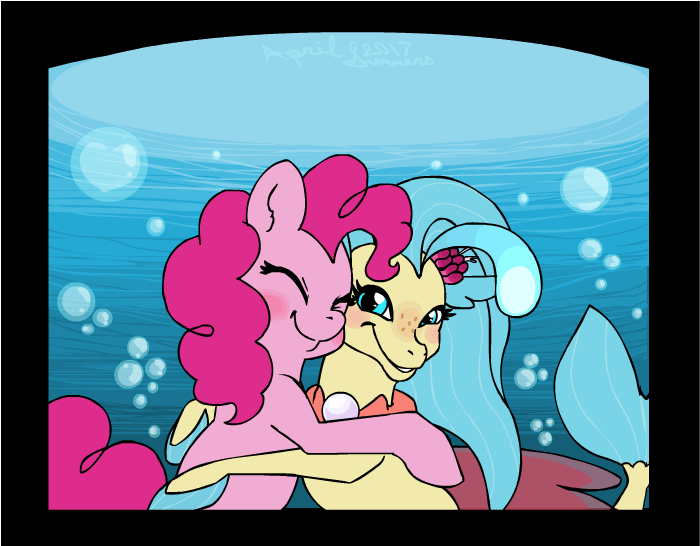 Size: 700x546 | Tagged: safe, artist:mintydreams7, derpibooru import, pinkie pie, princess skystar, pony, seapony (g4), my little pony: the movie, abstract background, bubble, clothes, cute, diapinkes, female, flower, flower in hair, freckles, jewelry, lesbian, mare, necklace, seaponified, seapony pinkie pie, shipping, skyabetes, skypie, species swap, underwater
