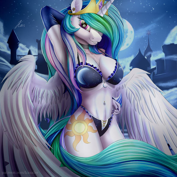 Size: 2500x2500 | Tagged: suggestive, artist:kasaler, derpibooru import, princess celestia, alicorn, anthro, pony, absolute cleavage, arm behind head, armpits, belly button, bellyring, blue underwear, bra, breasts, busty princess celestia, choker, cleavage, clothes, crown, cutie mark, cutout underwear, female, frilly underwear, full moon, grin, jewelry, mare, moon, multicolored mane, multicolored tail, nail polish, night, panties, piercing, praise the sun, purple eyes, regalia, royalty, sexy, smiling, solo, solo female, sparkles, stars, stitched underwear, stupid sexy celestia, thief, tiara, underwear, underwear swap, wings