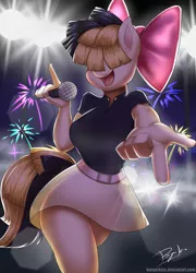 Size: 1500x2080 | Tagged: anthro, artist:burgerkiss, belt, bow, breasts, busty songbird serenade, clothes, cute, derpibooru import, female, fireworks, hair bow, lights, looking at you, looking back, microphone, miniskirt, my little pony: the movie, safe, see-through, see-through skirt, sia (singer), skirt, solo, songbird serenade, wingless, wingless anthro