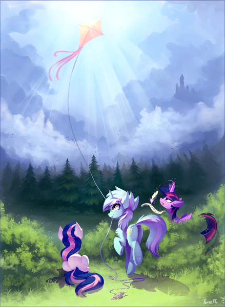 Size: 1888x2579 | Tagged: safe, artist:ramiras, derpibooru import, bon bon, lyra heartstrings, sweetie drops, twilight sparkle, twilight sparkle (alicorn), alicorn, earth pony, pony, unicorn, adorabon, chest fluff, crepuscular rays, cute, face not visible, facing away, female, kite, lyrabetes, magic, mare, mouth hold, palette swap, plot, prone, quill, raised hoof, raised leg, rear view, smiling, tongue out, tree, trio, underhoof