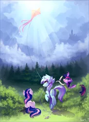 Size: 1888x2579 | Tagged: safe, artist:ramiras, derpibooru import, bon bon, lyra heartstrings, sweetie drops, twilight sparkle, twilight sparkle (alicorn), alicorn, earth pony, pony, unicorn, adorabon, chest fluff, crepuscular rays, cute, face not visible, facing away, female, kite, lyrabetes, magic, mare, mouth hold, palette swap, plot, prone, quill, raised hoof, raised leg, rear view, smiling, tongue out, tree, trio, underhoof