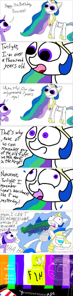 Size: 1200x4831 | Tagged: safe, artist:arterialblack716, derpibooru import, princess celestia, twilight sparkle, ponified, alicorn, pegasus, pony, unicorn, annoyed, comic, confused, derp, dialogue, donald trump, error, eye contact, female, food, fourth wall, frown, glitch, happy birthday mlp:fim, head, implied derpy, insanity, jewelry, kissy face, laughing, levitation, lidded eyes, looking at each other, looking up, magic, male, mare, mlp fim's seventh anniversary, muffin, no signal, open mouth, raised hoof, regalia, royal guard, sad, simple background, sketch, smiling, speech bubble, stallion, standing, straitjacket, telekinesis, test card, text, unamused, unicorn royal guard, unicorn twilight, what happened, white background, wide eyes, worried