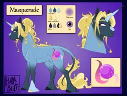 Size: 2000x1500 | Tagged: safe, artist:legally-psychotic, derpibooru import, oc, oc:masquerade, unofficial characters only, pony, unicorn, male, offspring, parent:prince blueblood, parent:trixie, parents:bluetrix, reference sheet, solo, stallion