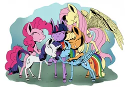 Size: 1280x885 | Tagged: source needed, useless source url, safe, artist:darkhestur, derpibooru import, applejack, fluttershy, pinkie pie, rainbow dash, rarity, twilight sparkle, twilight sparkle (alicorn), alicorn, magical mystery cure, a true true friend, group hug, happy birthday mlp:fim, hug, mane six, mlp fim's seventh anniversary, scene interpretation