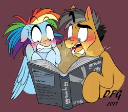 Size: 1600x1393 | Tagged: suggestive, artist:dragonfoxgirl, derpibooru import, a.k. yearling, quibble pants, rainbow dash, earth pony, pegasus, pony, blushing, book, embarrassed, female, fifty shades of grey, male, open mouth, quibbledash, reading, shipping, shocked, straight, watermark