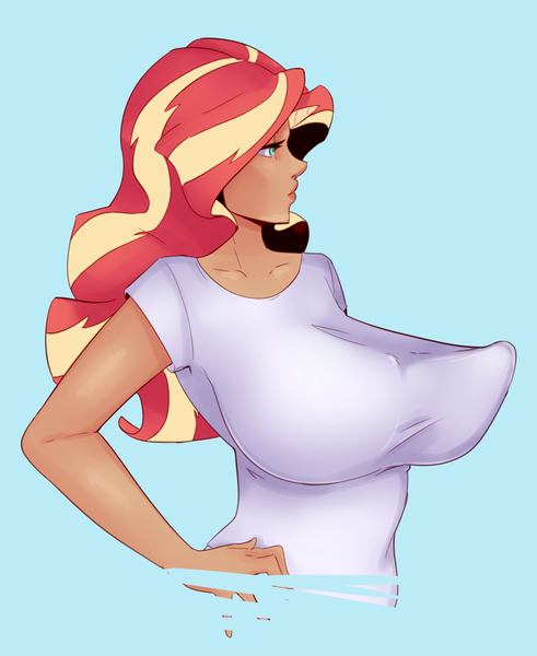 Size: 941x1149 | Tagged: artist:sundown, big breasts, breasts, busty sunset shimmer, clothes, derpibooru import, erect nipples, female, huge breasts, human, humanized, long nipples, nipple outline, perky breasts, shirt, solo, solo female, suggestive, sunset shimmer, torpedo tits