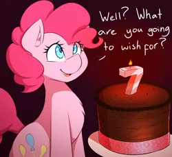 Size: 1200x1100 | Tagged: safe, artist:thebatfang, derpibooru import, pinkie pie, earth pony, pony, birthday, birthday cake, birthday candles, cake, candle, chocolate cake, cute, dialogue, ear fluff, female, food, happy birthday mlp:fim, mare, mlp fim's seventh anniversary, open mouth, plate, simple background, sitting, smiling, solo, sweet dreams fuel