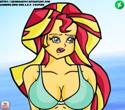 Size: 1142x1010 | Tagged: suggestive, artist:aboimages03, derpibooru import, sunset shimmer, equestria girls, bad anatomy, big breasts, bored, bra, breasts, busty sunset shimmer, circle tool, cleavage, clothes, female, open mouth, solo, solo female, swimsuit