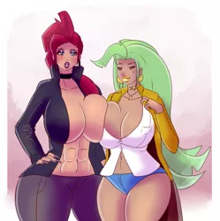 Size: 1395x1400 | Tagged: abs, absolute cleavage, artist:annon, big breasts, bimbo, breasts, busty captain celaeno, busty tempest shadow, captain celaeno, cleavage, derpibooru import, fizzlepop berrytwist, human, humanized, lipstick, my little pony: the movie, purple lipstick, suggestive, symmetrical docking, tempest shadow, yellow lipstick