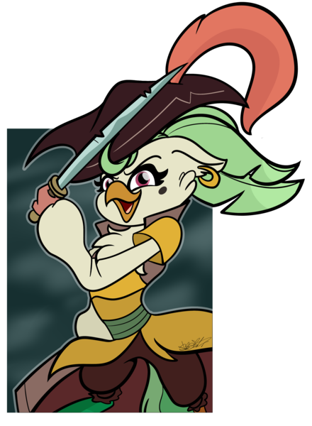 Size: 2761x3763 | Tagged: anthro, artist:befishproductions, bird, captain celaeno, clothes, derpibooru import, hat, my little pony: the movie, pirate, pirate hat, safe, simple background, smiling, solo, sword, transparent background, weapon