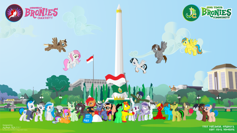 Size: 9946x5587 | Tagged: safe, artist:alphatea, derpibooru import, oc, unofficial characters only, alicorn, earth pony, fly, pegasus, pony, unicorn, absurd resolution, alicorn oc, brony, building, colt, community, culture, east java, enthusiasm, expressions, fandom, female, filly, flag, flying, food, fun, gasp, grass, group, happy, indonesia, indonesian, lamp, male, mare, monument, museum, park, pegasister, salt, sickle, square, stallion, surabaya, tree, vegetation, whip