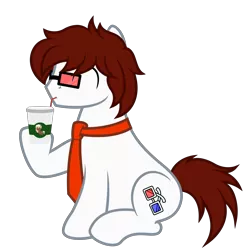 Size: 9375x9375 | Tagged: safe, artist:besttubahorse, derpibooru import, oc, oc:david temmit, unofficial characters only, earth pony, pony, 3d glasses, absurd resolution, clothes, coffee, coffee cup, crossover, cup, eyes closed, male, necktie, simple background, sipping, sitting, solo, stallion, transparent background, vector