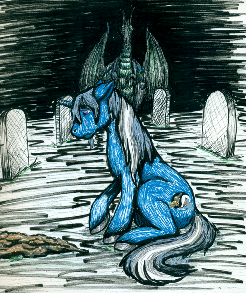 Size: 841x1000 | Tagged: safe, artist:bluebirdsolstice, derpibooru import, oc, oc:bluebird solstice, oc:grumplestiltskin, unofficial characters only, dragon, unicorn, grave, gravestone, graveyard, immortality blues, mourning, sadness