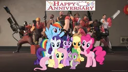 Size: 1920x1080 | Tagged: alicorn, anniversary, applejack, crossover, demoman, derpibooru import, dragon, engineer, fluttershy, happy birthday mlp:fim, heavy, mane seven, mane six, medic, mlp fim's seventh anniversary, pinkie pie, pyro, rainbow dash, rarity, safe, scout, sniper, soldier, spike, spy, team fortress 2, twilight sparkle, twilight sparkle (alicorn)