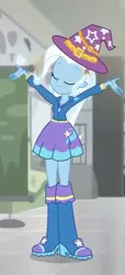 Size: 329x720 | Tagged: safe, derpibooru import, screencap, trixie, eqg summertime shorts, equestria girls, good vibes, boots, clothes, cropped, cute, eyes closed, female, hat, hoodie, shoes, skirt, smiling, trixie's hat