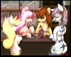 Size: 2256x1806 | Tagged: safe, artist:sakuracheetah, derpibooru import, oc, oc:cheers, oc:compass rose (zebra), oc:shidare sakura, oc:soymilk, unofficial characters only, pony, zebra, alcohol, bar, female, friends, glass, glasses, mare, sitting, smiling, wine, wine bottle, wine glass, zebra oc