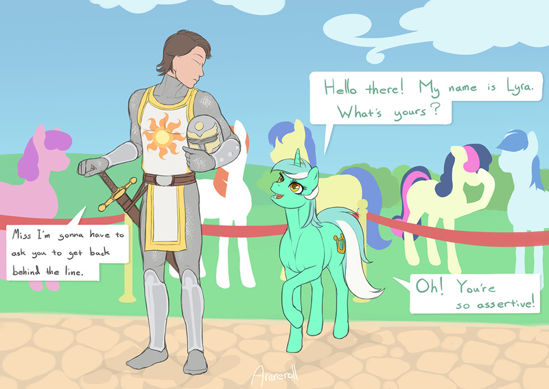 Size: 1280x905 | Tagged: safe, artist:arareroll, derpibooru import, bon bon, lyra heartstrings, sweetie drops, earth pony, human, pony, unicorn, comic:sun-servant meets crowd, armor, bon bon is not amused, comic, cute, dialogue, facehoof, fantasy class, female, flirting, human male, humie, knight, lyra doing lyra things, lyrabetes, male, mare, smiling, sword, that pony sure does love humans, unamused, warrior, weapon