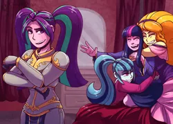 Size: 2100x1500 | Tagged: safe, artist:overlordneon, derpibooru import, adagio dazzle, aria blaze, sonata dusk, twilight sparkle, equestria girls, adagilight, armor, bed, bedroom, clothes, crossed arms, dress, eyes closed, female, lesbian, ot4, quartet, shipping, smiling, sparkleblaze, the dazzlings, twinata