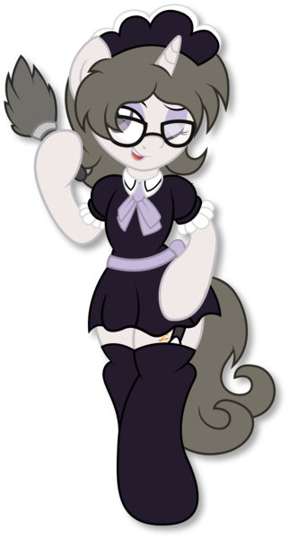 Size: 3379x6288 | Tagged: artist:digiqrow, clothes, derpibooru import, duster, glasses, maid, oc, oc:solaria, one eye closed, safe, simple background, solo, stockings, thigh highs, transparent background, unofficial characters only, wink