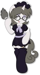 Size: 3379x6288 | Tagged: artist:digiqrow, clothes, derpibooru import, duster, glasses, maid, oc, oc:solaria, one eye closed, safe, simple background, solo, stockings, thigh highs, transparent background, unofficial characters only, wink