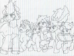 Size: 2106x1589 | Tagged: safe, artist:jolliapplegirl, derpibooru import, oc, oc:acheron, oc:chocolate cheesecake, oc:crescent moonstone, oc:sirius veil, oc:sweet deal, oc:tranquil spring, unofficial characters only, earth pony, hybrid, pegasus, pony, unicorn, adopted offspring, female, interspecies offspring, lined paper, magical lesbian spawn, male, next generation, offspring, parent:applejack, parent:cheese sandwich, parent:flim, parent:fluttershy, parent:iron will, parent:king sombra, parent:pinkie pie, parent:princess celestia, parent:quibble pants, parent:rainbow dash, parent:rarity, parent:twilight sparkle, parent:unnamed oc, parents:canon x oc, parents:flimjack, parents:ironshy, parents:quibbledash, parents:sombrashy, parents:sombrawill, parents:twilestia, traditional art
