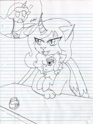 Size: 1589x2101 | Tagged: safe, artist:jolliapplegirl, derpibooru import, princess luna, oc, oc:desert moon, alicorn, hybrid, pegasus, pony, sphinx, alicorn oc, female, foal, interspecies offspring, lined paper, mare, offspring, parent:oc:asra, parent:princess luna, parents:canon x oc, sphinx oc, traditional art