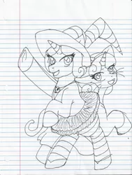 Size: 1594x2106 | Tagged: safe, artist:jolliapplegirl, derpibooru import, rarity, sweetie belle, clothes, cosplay, costume, hat, lined paper, scary godmother: halloween spooktacular, traditional art, witch, witch hat