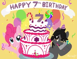 Size: 5169x4016 | Tagged: safe, artist:humble-ravenwolf, artist:ravenhoof, derpibooru import, pinkie pie, oc, oc:ravenhoof, pegasus, pony, absurd resolution, balloon, birthday cake, cake, food, happy birthday mlp:fim, mlp fim's seventh anniversary, sparkler (candle)