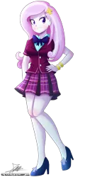 Size: 1004x2096 | Tagged: safe, artist:the-butch-x, derpibooru import, fleur-de-lis, equestria girls, friendship games, clothes, crystal prep academy uniform, cute, eyeshadow, hand on hip, high heels, legs, makeup, pleated skirt, school uniform, shoes, signature, simple background, skirt, solo, transparent background