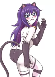 Size: 2480x3507 | Tagged: suggestive, artist:sumin6301, derpibooru import, rarity, equestria girls, ass, bell, bell collar, bra, breasts, cat ears, cat tail, catgirl, clothes, collar, fangs, female, kemonomimi, looking back, neko, nekomimi, panties, rearity, simple background, socks, solo, solo female, tail, underwear, white background