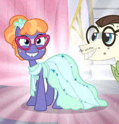 Size: 412x427 | Tagged: safe, derpibooru import, edit, edited screencap, screencap, frazzle rock, gizmo, earth pony, pony, canterlot boutique, acne, adorkable, animated, bowtie, broken glasses, bucktooth, clothes, cropped, cute, dork, dress, duo, female, frazzlebetes, gif, gizzle, grin, male, mare, nerd, nerd pony, shiny, shipping, smiling, stallion, straight, vector, when she smiles