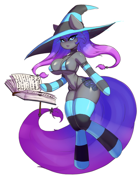 Size: 2400x3049 | Tagged: alternate version, anthro, anthro oc, anti-gravity boobs, arm hooves, artist:darkestmbongo, bad anatomy, big breasts, bikini, book, breasts, clothes, derpibooru import, female, hat, impossibly thin waist, looking at you, nipples, nudity, oc, oc:d.d, oc:d.d., questionable, simple background, socks, solo, solo female, sombra eyes, striped socks, stupid sexy oc, swimsuit, unguligrade anthro, unofficial characters only, witch, witch hat