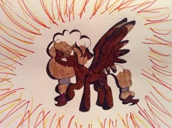 Size: 1024x765 | Tagged: safe, artist:mysteryschannel, derpibooru import, oc, oc:sweet mocha, unofficial characters only, pegasus, pony, angry, female, raised hoof, solo, traditional art