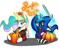 Size: 1200x1000 | Tagged: safe, artist:xxmarkingxx, derpibooru import, princess celestia, princess luna, pony, clothes, costume, female, glowing horn, halloween, holiday, magic, mare, nightmare night, pumpkin, pumpkin carving, royal sisters, simple background, sisters, smiling, sword, transparent background, weapon