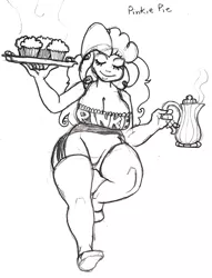 Size: 606x795 | Tagged: artist:wynterlegend, breasts, clothes, cupcake, derpibooru import, eyes closed, female, food, human, humanized, jar, monochrome, pinkie pie, shirt, shorts, solo, suggestive, traditional art, tray, waitress