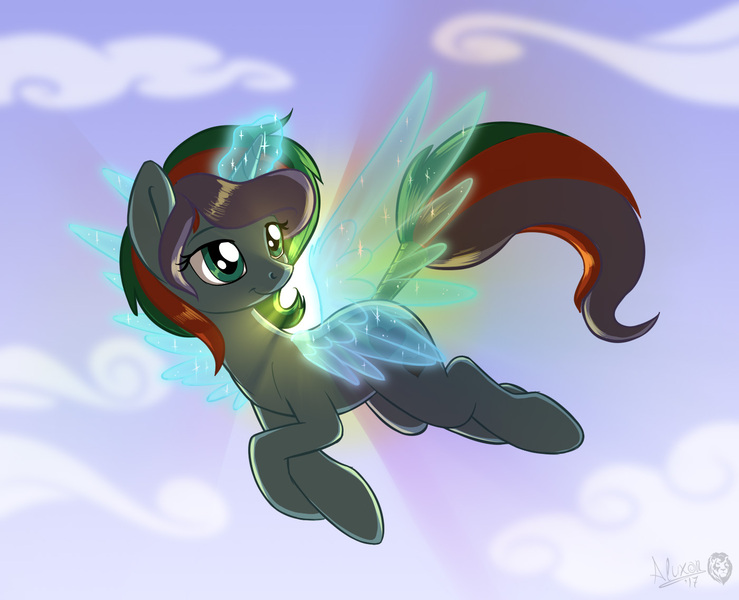 Size: 1400x1137 | Tagged: safe, artist:sirzi, derpibooru import, oc, unofficial characters only, pony, unicorn, artificial wings, augmented, cloud, female, flying, glowing horn, magic, magic wings, mare, sky, solo, wings