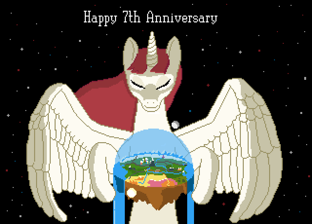 Size: 640x460 | Tagged: alicorn, artist:gawbox, derpibooru import, equestria, flat world, goddess, happy birthday mlp:fim, lauren faust, mlp fim's seventh anniversary, oc, oc:fausticorn, pixel art, pony bigger than a planet, safe, unofficial characters only, wings