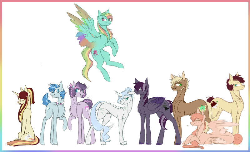 Size: 3090x1881 | Tagged: safe, artist:holoriot, derpibooru import, oc, oc:apple buck, oc:blitz tornado, oc:daybreak, oc:marigold leaf, oc:moonstone, oc:onyx, oc:sugar rush, oc:sweet tooth, oc:velvet blossom, unofficial characters only, dracony, hybrid, pegasus, pony, unicorn, female, interspecies offspring, magical lesbian spawn, male, mare, offspring, parent:applejack, parent:big macintosh, parent:fluttershy, parent:party favor, parent:pinkie pie, parent:rainbow dash, parent:rarity, parent:spike, parent:sunset shimmer, parent:troubleshoes clyde, parent:twilight sparkle, parent:zephyr breeze, parents:fluttermac, parents:partypie, parents:sparity, parents:sunsetsparkle, parents:troublejack, parents:zephdash, stallion