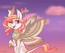 Size: 1024x841 | Tagged: artist:flourret, changepony, derpibooru import, female, hybrid, oc, oc:serena, offspring, one eye closed, parent:princess celestia, parents:thoralestia, parent:thorax, raised hoof, safe, solo, unofficial characters only, wink