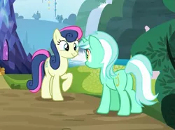 Size: 549x406 | Tagged: bon bon, butt, cropped, derpibooru import, duo, happy, looking at each other, lyra heartstrings, plot, raised hoof, safe, screencap, shadow play, smiling, sweetie drops, twilight's castle