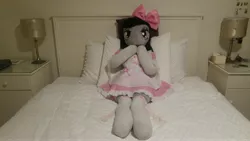 Size: 5312x2988 | Tagged: anthro, anthro plushie, artist:bigsexyplush, artist:somethingaboutoctavia, bed, bedroom eyes, bloomers, bow, clothes, costume, cute, derpibooru import, doll, frilly, hooves, irl, lace, lacy, lolita fashion, octavia melody, outfit, photo, plushie, safe, shocked, shocked expression, socks, socktavia, solo, startled, surprised, thigh highs, thunder thighs, toy, wide hips